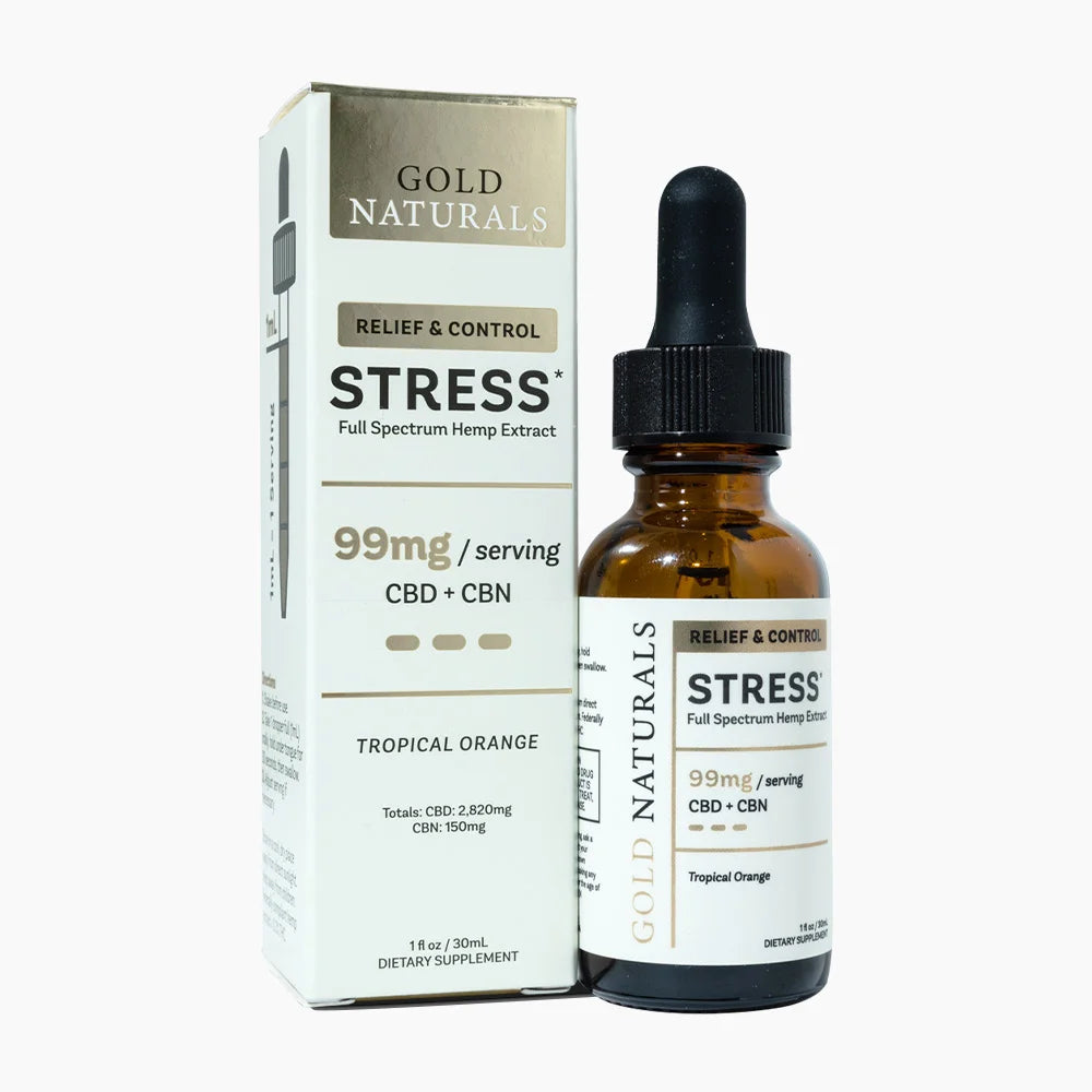 Gold Naturals Stress Tincture – 30 mL Heavy (Gray Background)